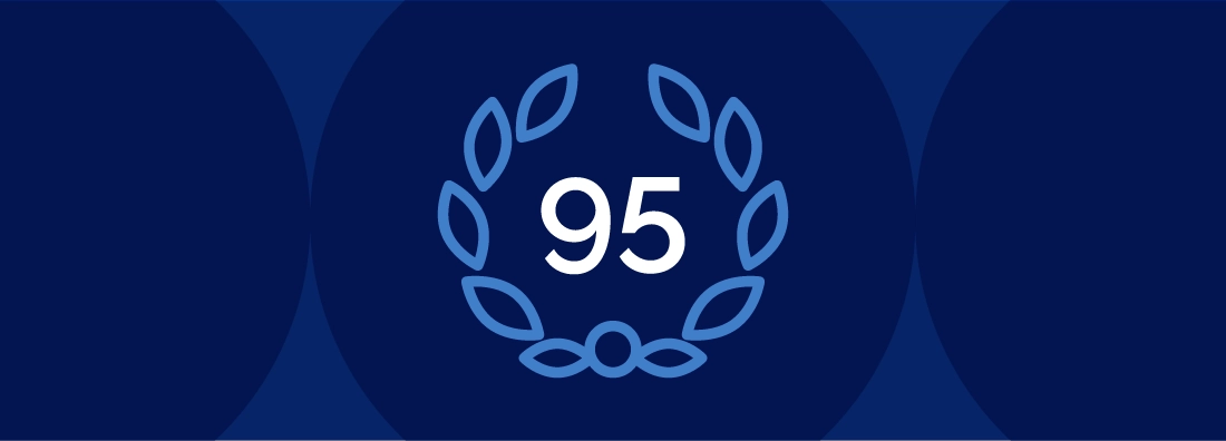 Number 95 inside of a laurel wreath anniversary icon